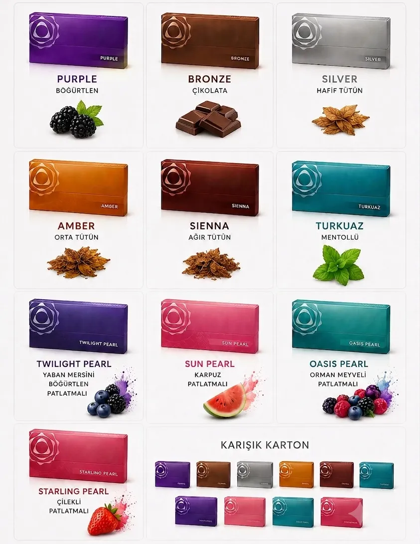 VELORE TEREA çeşitleri kataloğu — Purple, Bronze, Silver, Amber, Sienna, Turkuaz ve patlatmalı Pearl serisi